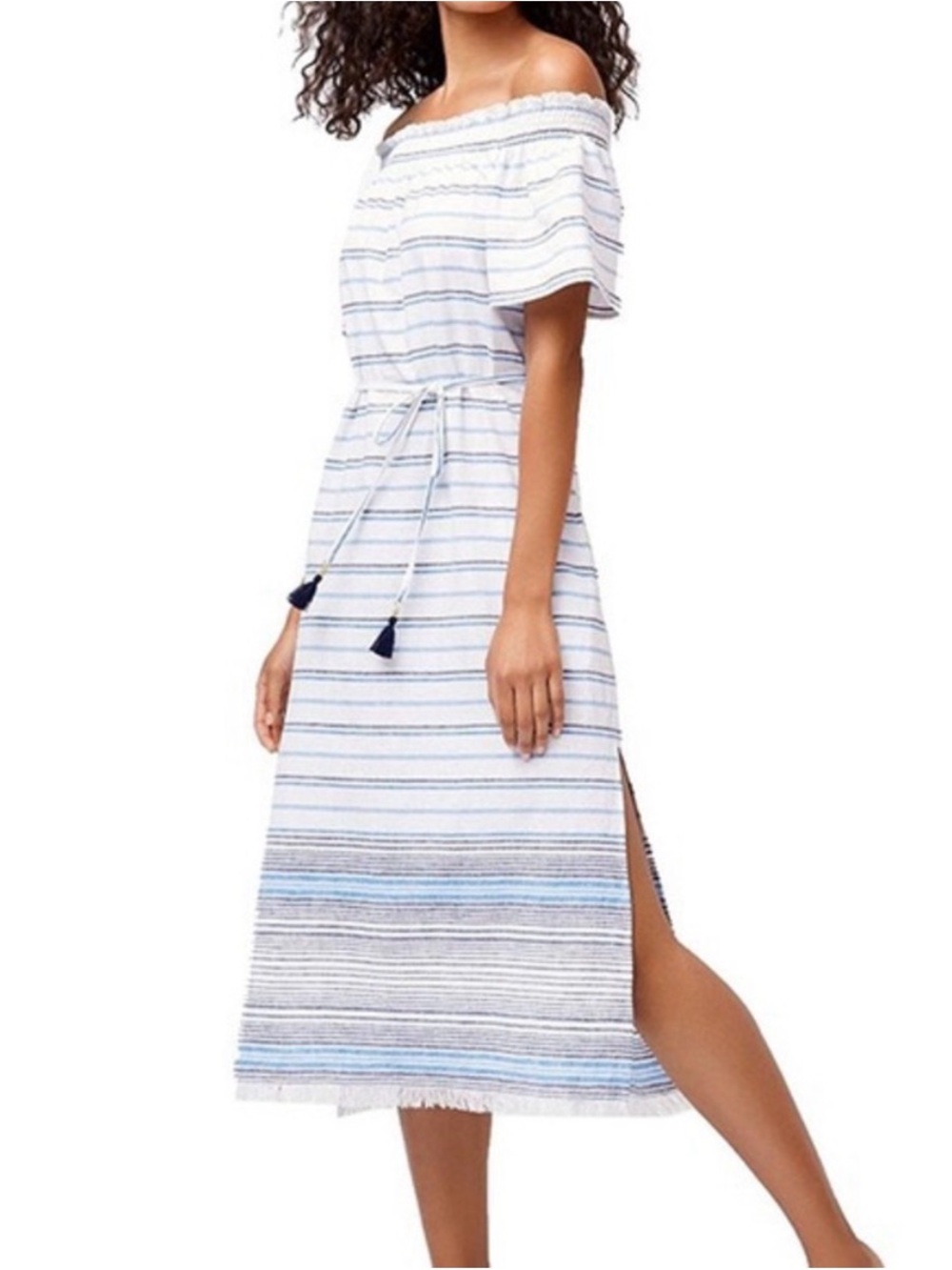 Tommy Bahama Striped Linen Blend Midi Dress Coastal Resort Medium